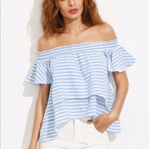 Blue Stripe Off the Shoulder High Low Blouse